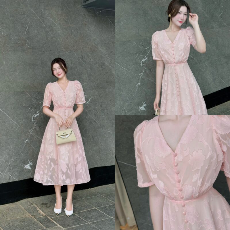 Alternative view of Adeline House - Đầm Xòe Voan Hồng Hoa Nổi Tay Ngắn – Váy Nữ Cổ V Thanh Lịch Phong Cách Hàn Quốc Cao Cấp