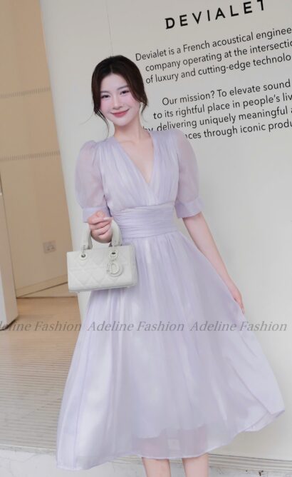 Váy dài cổ V tay bồng eo nhún thanh lịch màu tím nhạt pastel