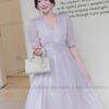 Váy dài cổ V tay bồng eo nhún thanh lịch màu tím nhạt pastel
