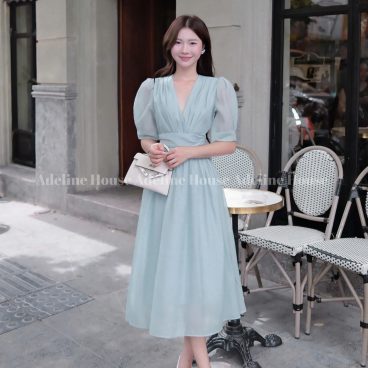 Adeline House-Váy dài cổ V dáng dài tay bồng eo nhún màu pastel nhẹ nhàng, nữ tính - TK 39 Xanh ngọc