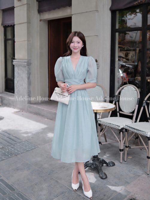 Adeline House-Váy dài cổ V dáng dài tay bồng eo nhún màu pastel nhẹ nhàng, nữ tính - TK 39 Xanh ngọc z7061740619039 52150aaac71c1ab8dee8132c7b914f67