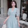 Adeline House-Váy dài cổ V dáng dài tay bồng eo nhún màu pastel nhẹ nhàng, nữ tính - TK 39 Xanh ngọc z7061740619040 a75e1abe0c17596ad1d9f8149fa1f346