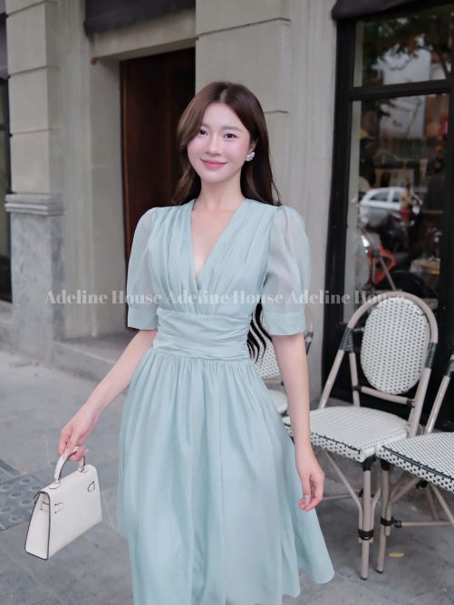 Adeline House-Váy dài cổ V dáng dài tay bồng eo nhún màu pastel nhẹ nhàng, nữ tính - TK 39 Xanh ngọc z7061740619040 a75e1abe0c17596ad1d9f8149fa1f346