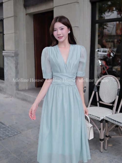 Adeline House-Váy dài cổ V dáng dài tay bồng eo nhún màu pastel nhẹ nhàng, nữ tính - TK 39 Xanh ngọc z7061740619982 268b91b55da0270d5a22cdbe33a778b7