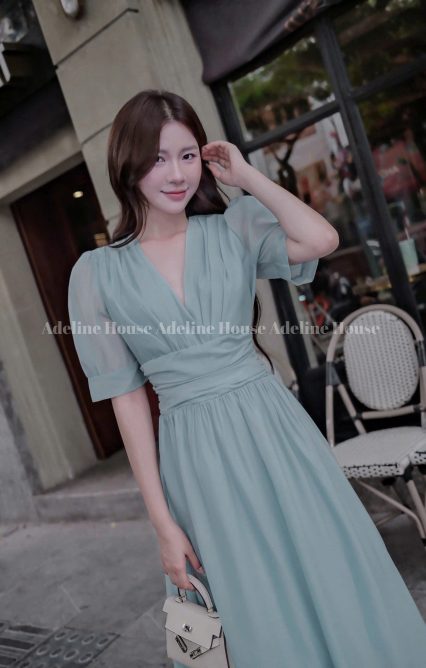 Adeline House-Váy dài cổ V dáng dài tay bồng eo nhún màu pastel nhẹ nhàng, nữ tính - TK 39 Xanh ngọc z7061740627973 d5a507dd10770177645a15cc69d0c828