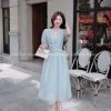 Adeline House-Váy dài cổ V dáng dài tay bồng eo nhún màu pastel nhẹ nhàng, nữ tính - TK 39 Xanh ngọc z7061740630253 e1b1fd60b558cab0e881a50c5bbbb405