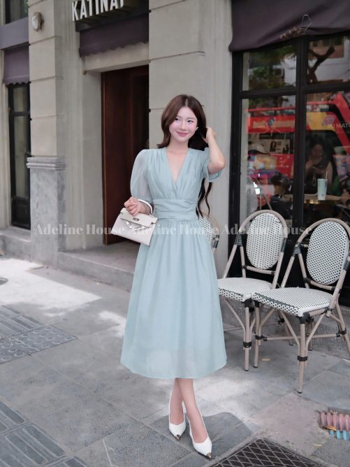Adeline House-Váy dài cổ V dáng dài tay bồng eo nhún màu pastel nhẹ nhàng, nữ tính - TK 39 Xanh ngọc z7061740630253 e1b1fd60b558cab0e881a50c5bbbb405