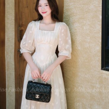 Adeline House - Váy Trắng Be Vintage Tay Phồng Dáng Midi Nữ Tính