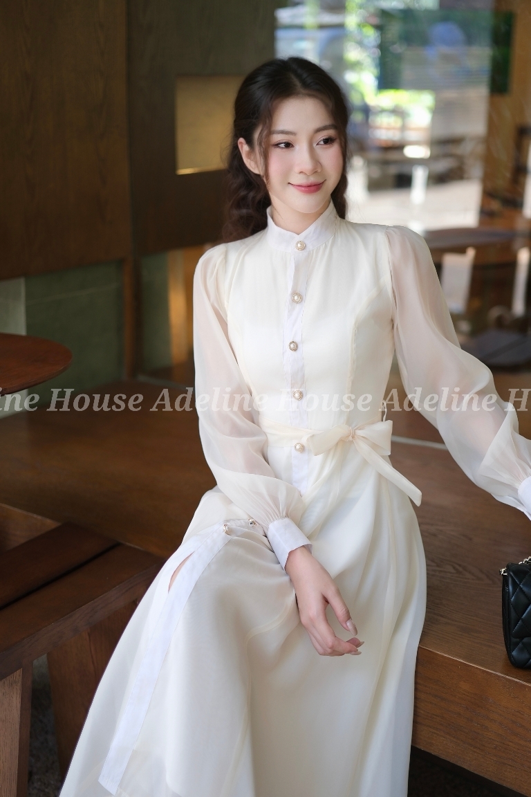 Adeline House - Váy sơ mi cổ tàu tay dài thắt eo thanh lịch - TK 50 Be