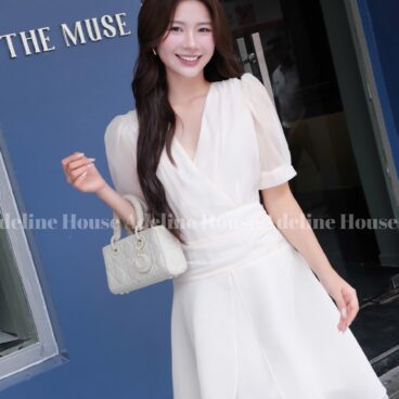 Adeline House - Đầm Trắng Be Pastel Cổ V Dáng Xòe – Váy Thiết Kế Nữ Tính Thanh Lịch Adeline