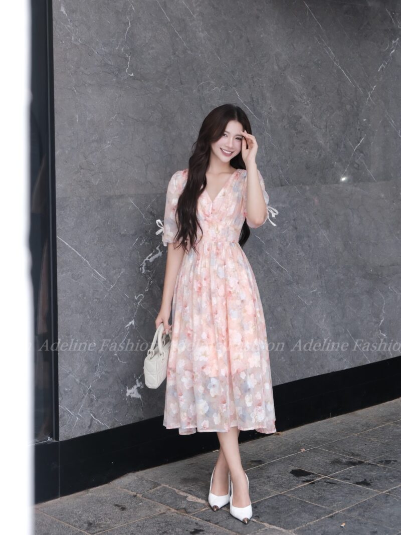 Adeline House - Váy hoa nhí cổ tim tay nơ - TK 01 Cam