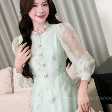 Adeline House - Đầm Xanh Voan Dáng Dài Cổ Bèo – Váy Thiết Kế Thanh Lịch Nữ Tính