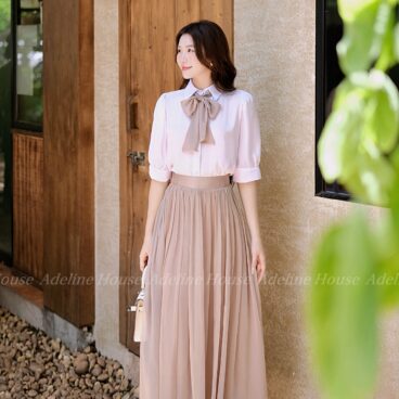 Adeline House - Set Tiểu Thư Áo Sơ Mi Nơ Cổ Chân Váy Midi Xếp Ly!