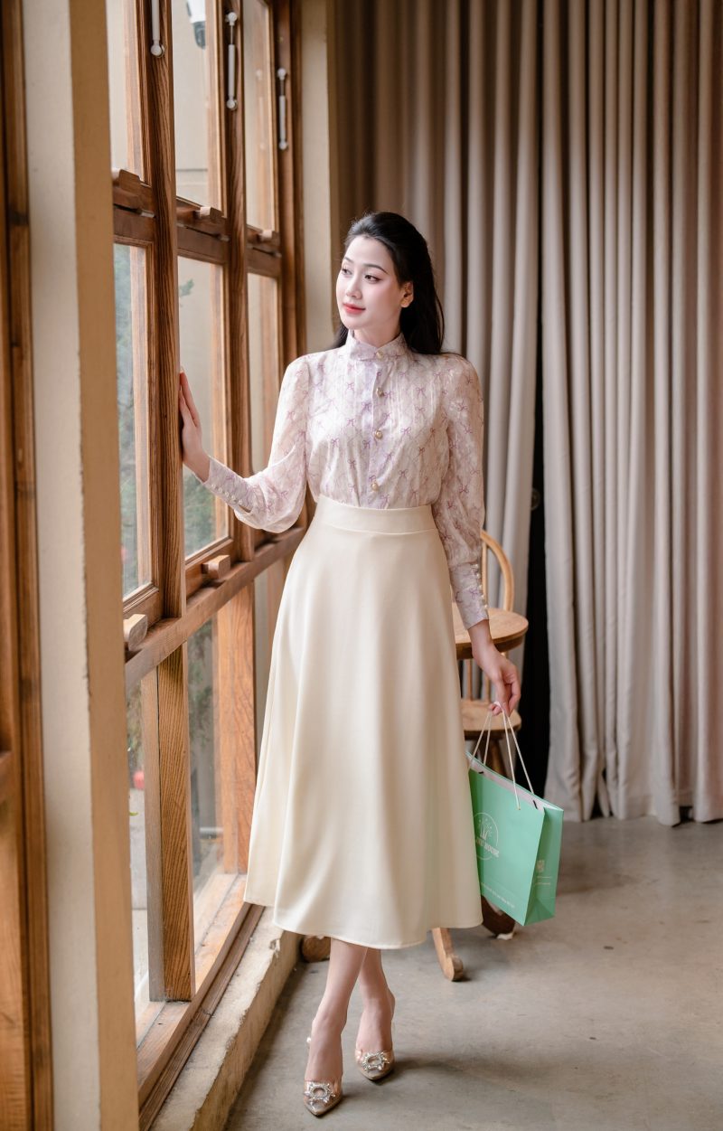 Adeline house - Set Áo Ren Nơ & Chân Váy Midi “ Adeline Soft Elegance”