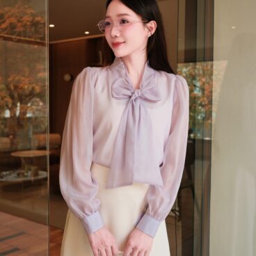 ADELINE HOUSE- Set Áo Nơ Tím & Váy Midi Kem, Set Đồ công sở