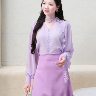 ADELINE HOUSE - Set Áo Hoa Chiffon & Chân Váy Midi Tím Pastel