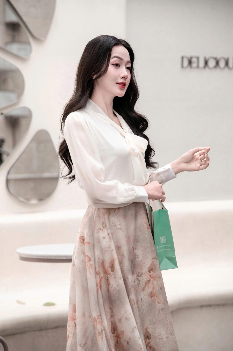 Adeline house - Combo Áo Sơ Mi Nơ & Váy Xòe Họa Tiết Cao Cấp - TK155.3 Nâu