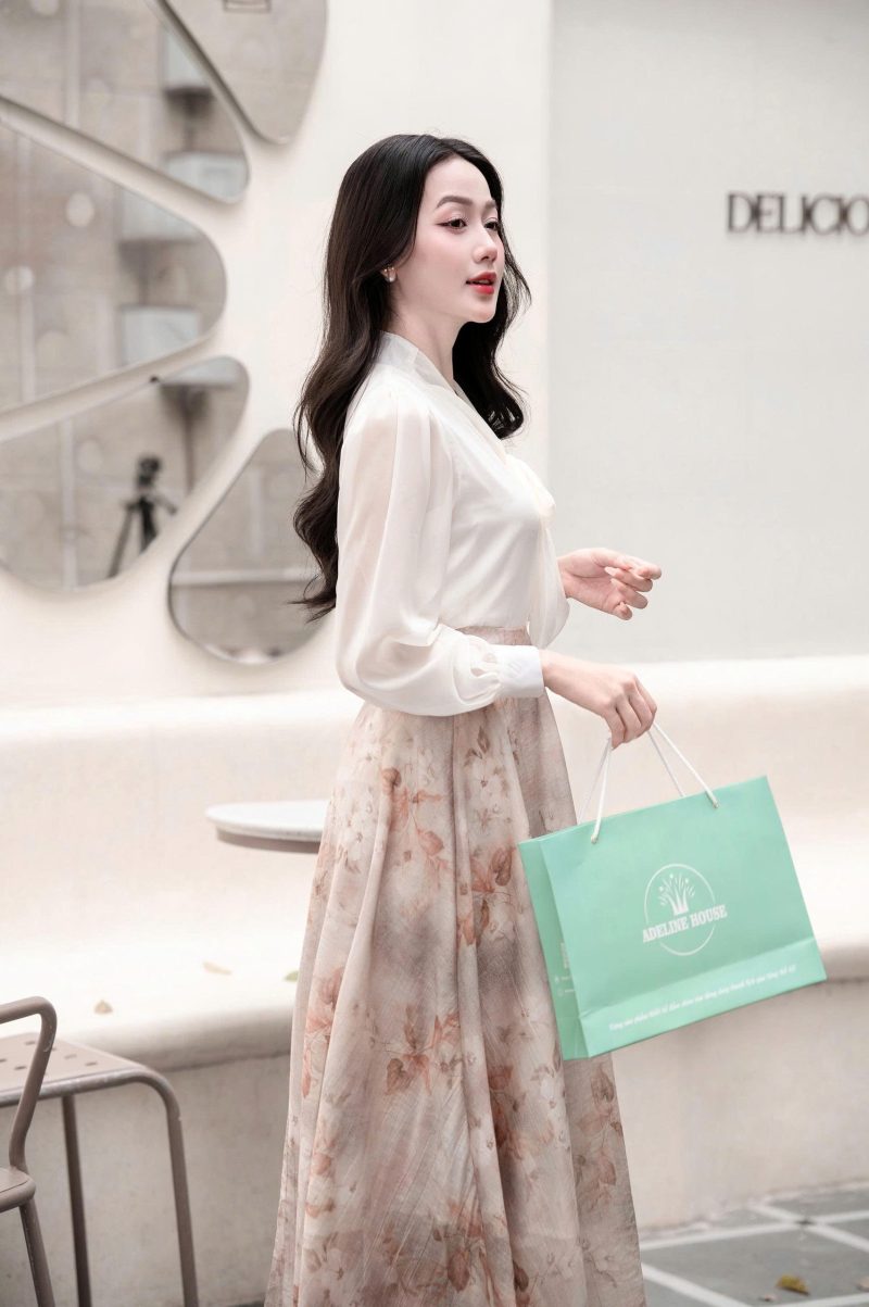 Alternative view of Adeline house - Combo Áo Sơ Mi Nơ & Váy Xòe Họa Tiết Cao Cấp - TK155.3 Nâu