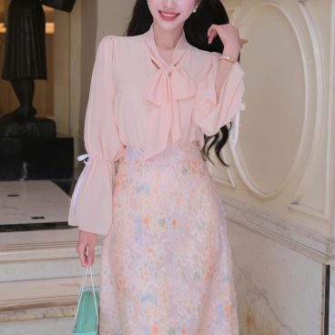 Adeline house - Set Áo Voan Nơ & Váy Midi Hoa Cao Cấp