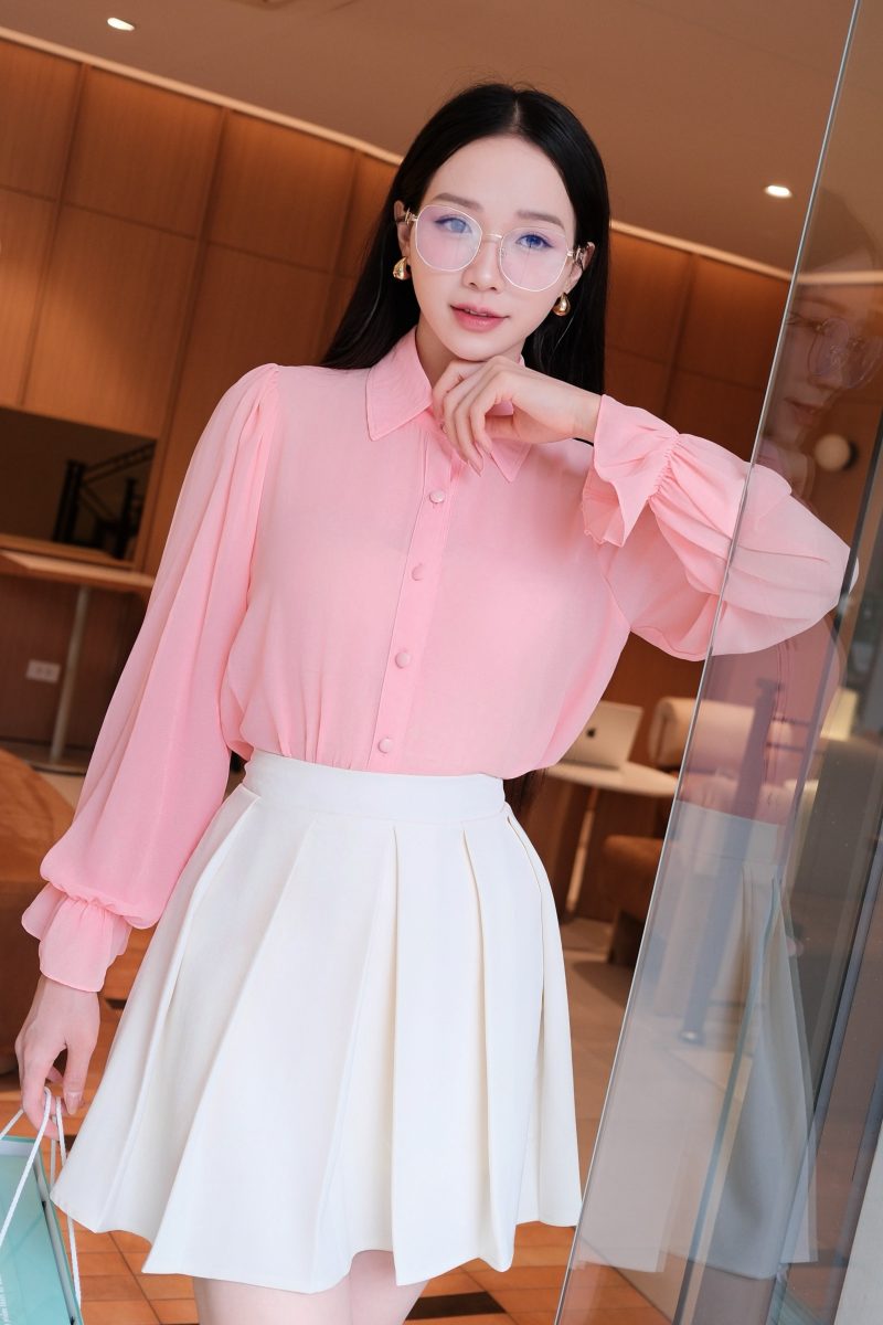 𝐀𝐃𝐄𝐋𝐈𝐍𝐄 𝐇𝐎𝐔𝐒𝐄-Áo Sơ Mi Nữ Hồng Pastel Thanh Lịch Tay Dài Mềm Mại