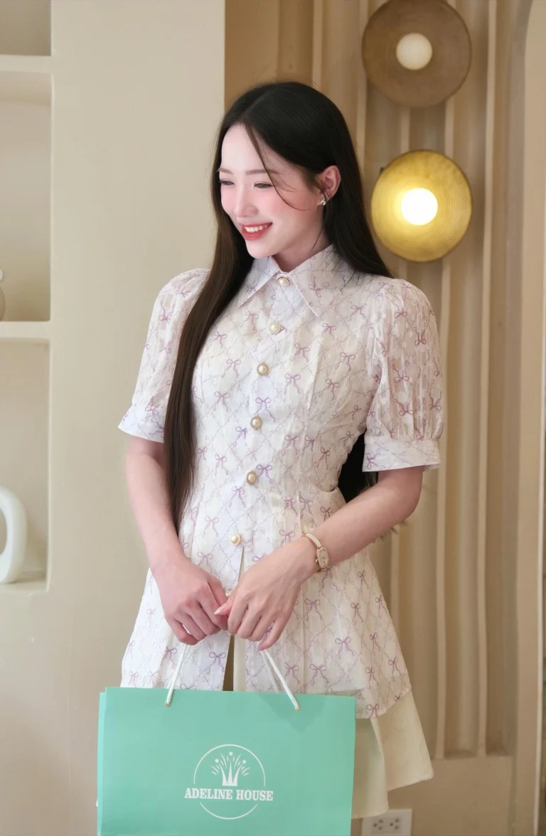 Adeline House - Set Áo sơ mi ngắn tay chiết eo tím thêu nơ+ Chân váy ngắn - TK186.1