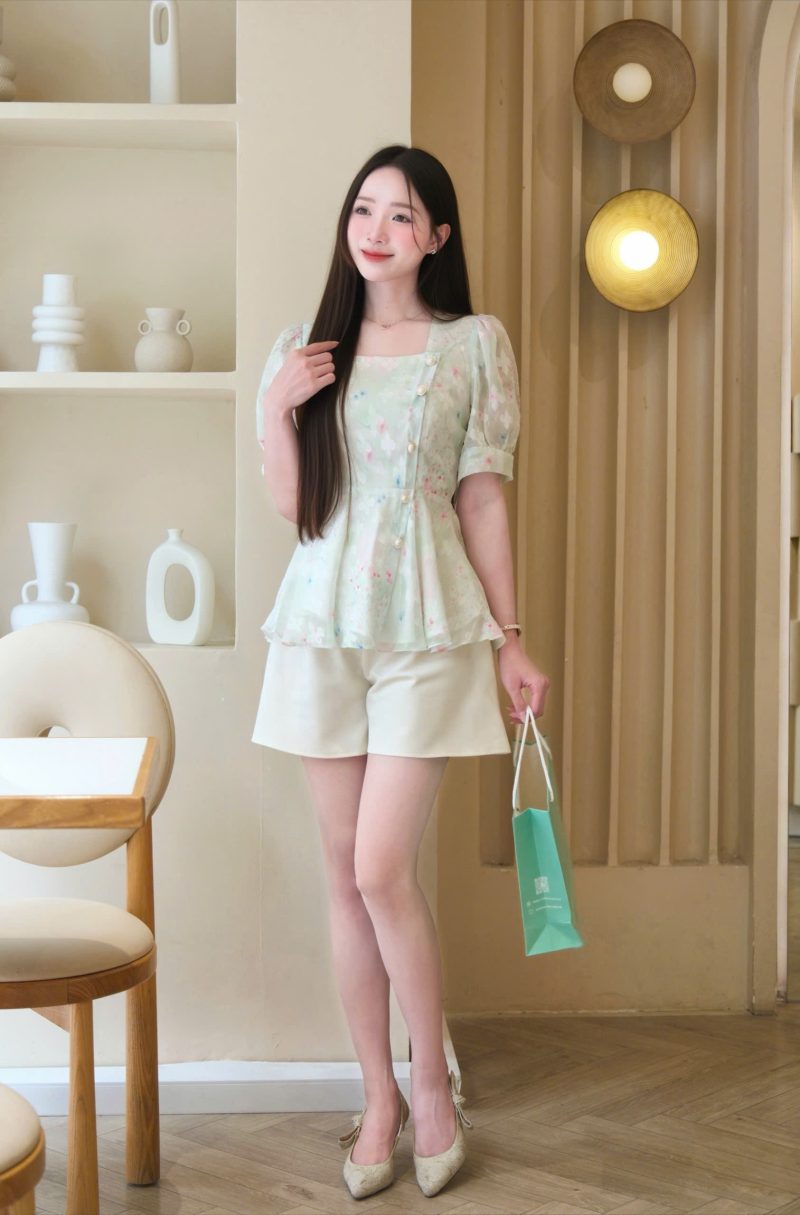ADELINE HOUSE- 🌸🌸SET ÁO CỔ VUÔNG TAY BỒNG XANH CHERRY - nhẹ nhàng và thanh lịch