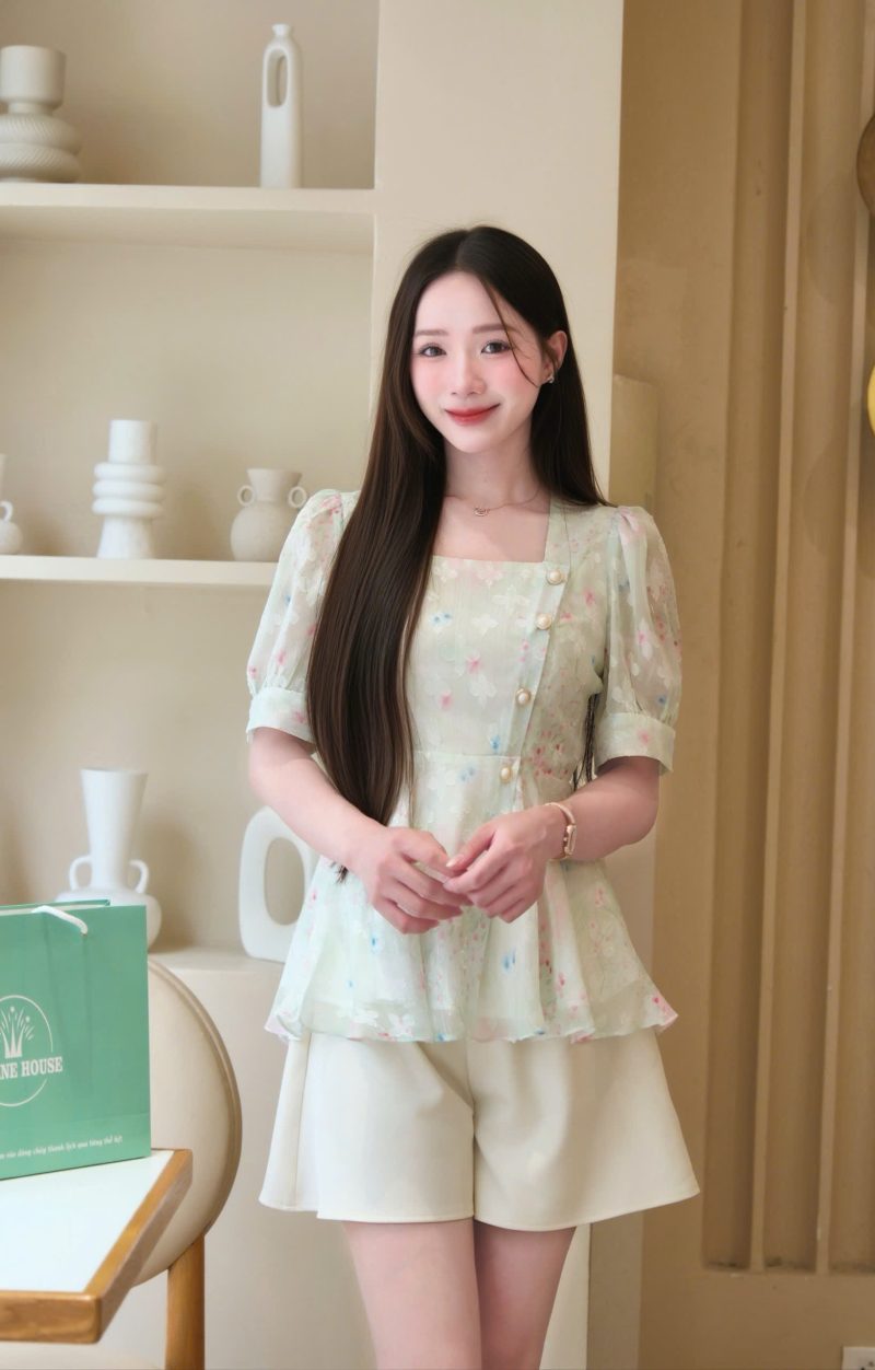 Alternative view of ADELINE HOUSE- 🌸🌸SET ÁO CỔ VUÔNG TAY BỒNG XANH CHERRY - nhẹ nhàng và thanh lịch