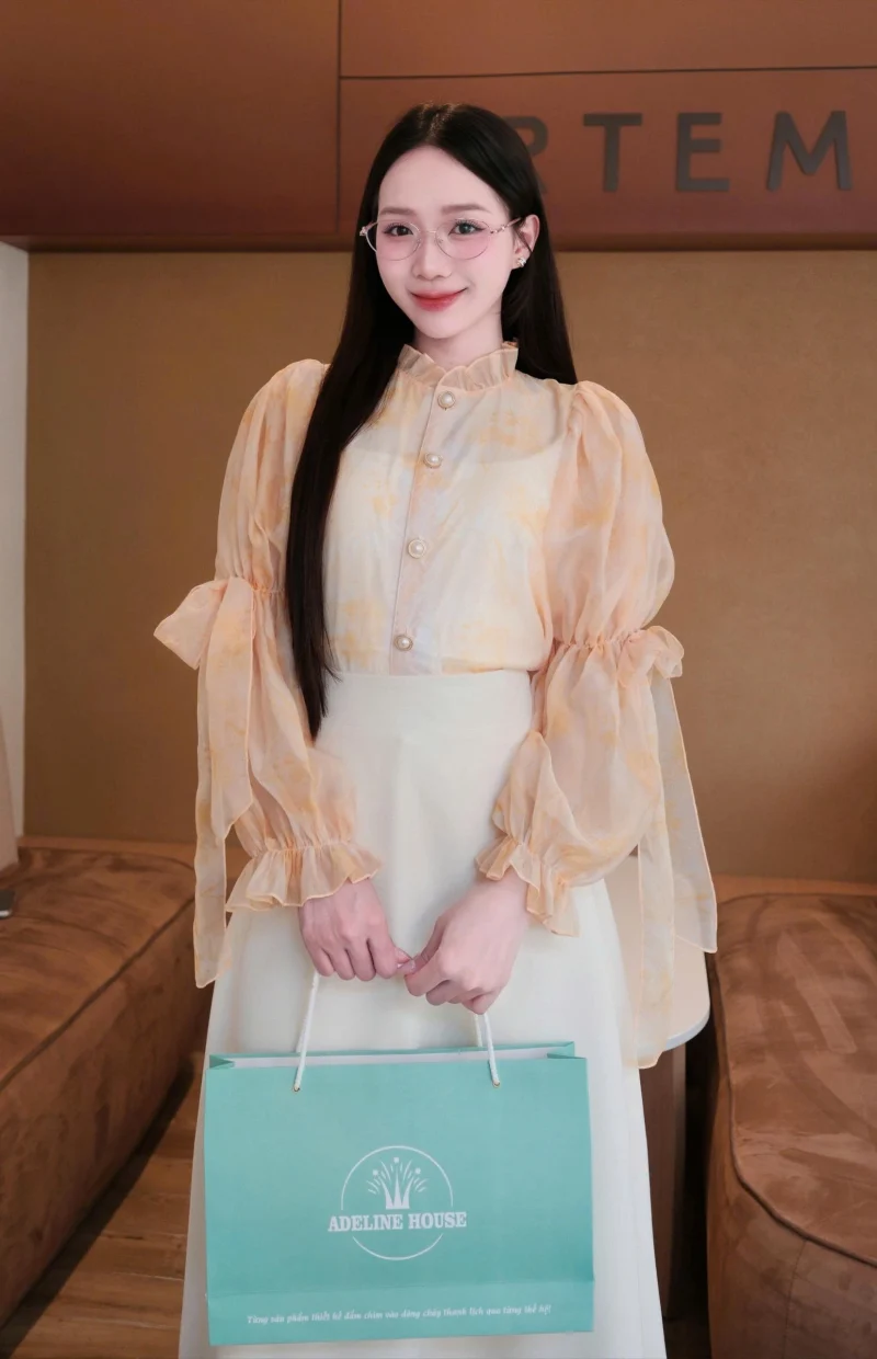 Adeline House - Set Áo sơ mi cổ bèo tay bồng nơ vàng hoa nhí - TK170.2