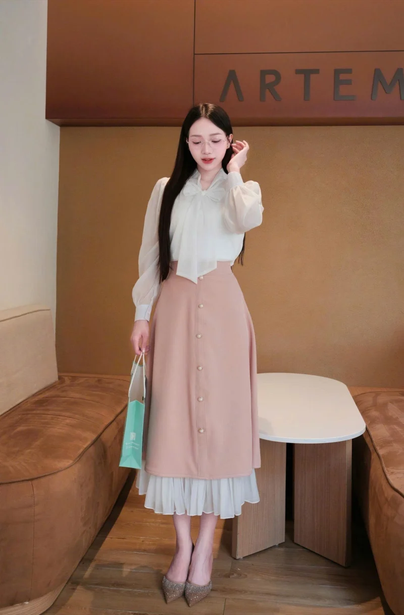 Alternative view of ADELINE HOUSE- SET ÁO NƠ THANH LỊCH – NÀNG DIỆN LÀ XINH+ Chân váy đính cúc phối voan TK173