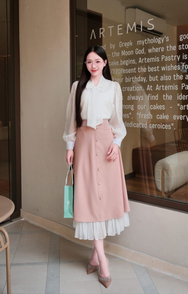 ADELINE HOUSE- SET ÁO NƠ THANH LỊCH – NÀNG DIỆN LÀ XINH+ Chân váy đính cúc phối voan TK173