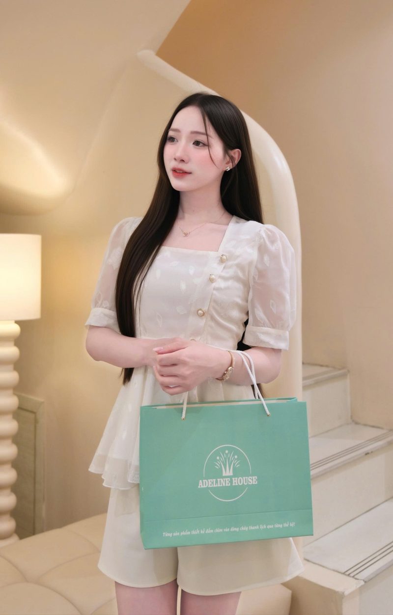 Alternative view of Adeline House - Set Áo cổ vuông tay bồng be thêu lá - TK181.3