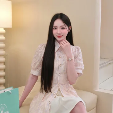 Adeline House - Set áo sơ mi ngắn tay+ Chân váy ngắn chiết eo cam nude thêu nơ - TK186.2