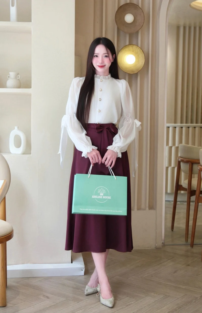 Adeline House - Set Áo sơ mi tay nơ tiểu thư+ Chân váy lụa nơ màu tím mận - TK185.1