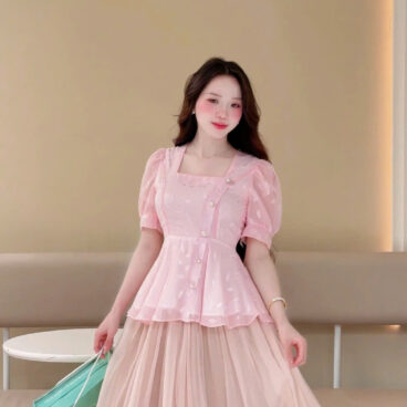 ADELINE HOUSE -  🌸 Set Áo Hồng Pastel Tay Phồng Phối Chân Váy Voan Dài Thanh Lịch- TK181.2+166.3