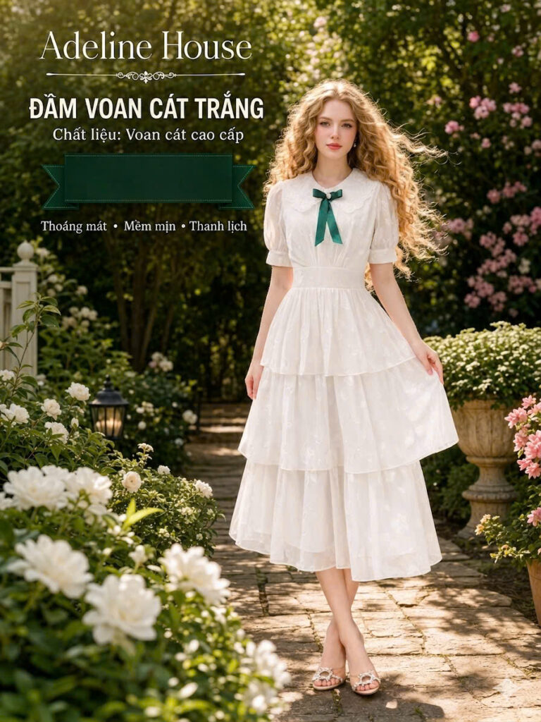 ADELINE HOUSE – Đầm Maxi Trắng Be Pastel Cổ Ren Nơ Tay Phồng Dáng Xòe Tầng Thanh Lịch-TK200.1